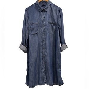 J. Jill Denim Full Button Up Chambray Dress Roll Tab Sleeves w/ Pockets Medium